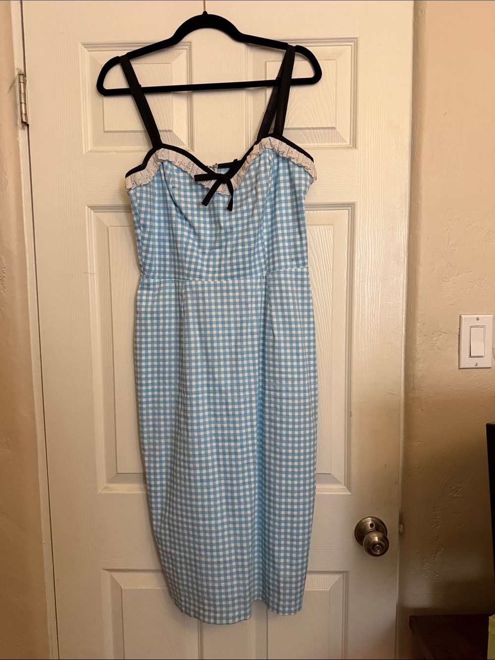 Vixen by Micheline Pitt Bardot Light Blue Gingham Midi Dress with Black Trim - Picture 1 of 5